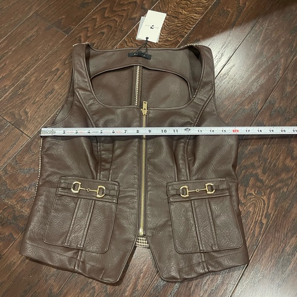 7 for all Mankind Brown Leather Vest Gold Accent Houndstooth Women Size Medium - Picture 3 of 8